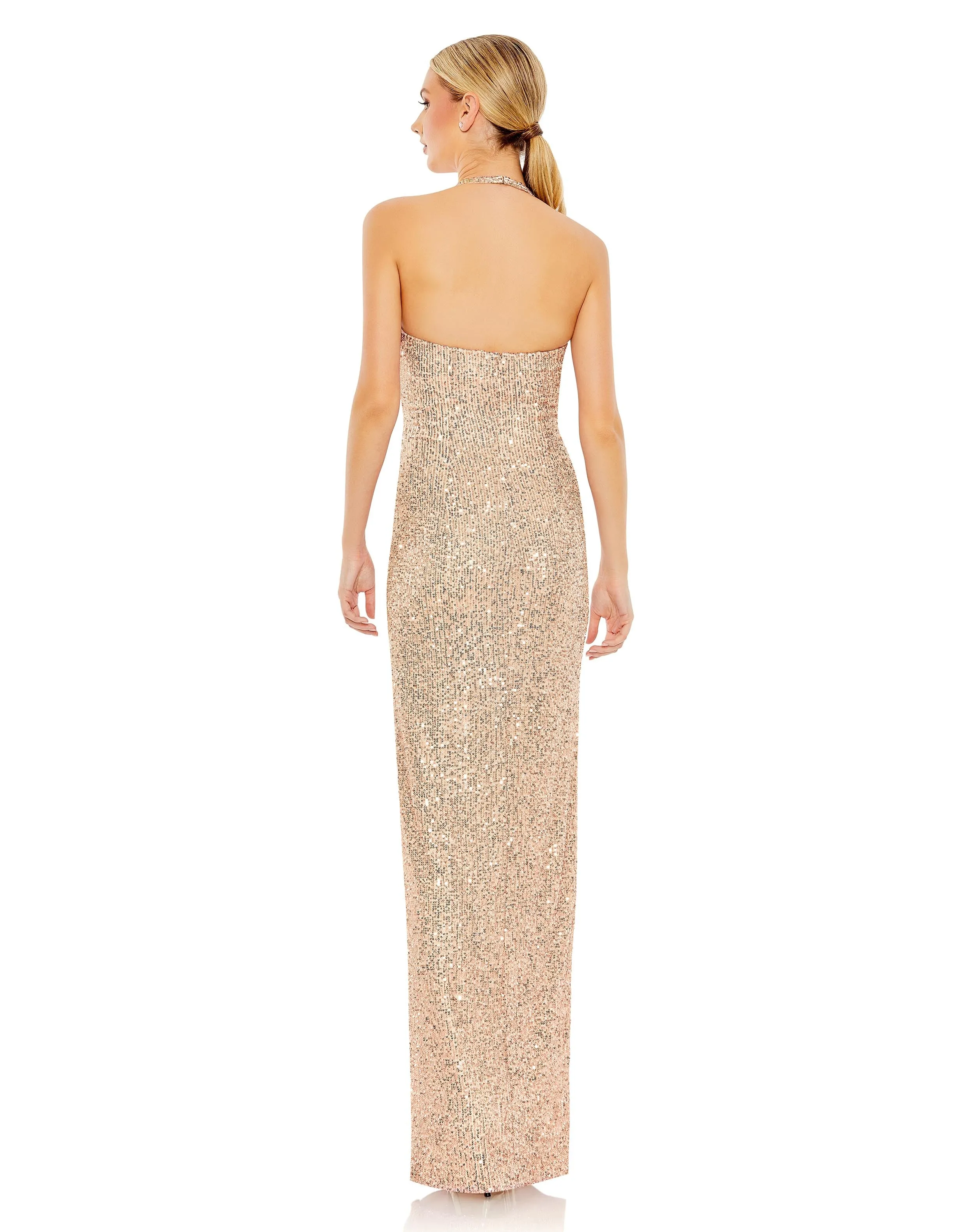 Gold Sequined Halter Strap Low Side Knot Gown sold by Mac Duggal product image thumbnail 2