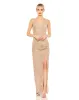 Gold Sequined Halter Strap Low Side Knot Gown sold by Mac Duggal