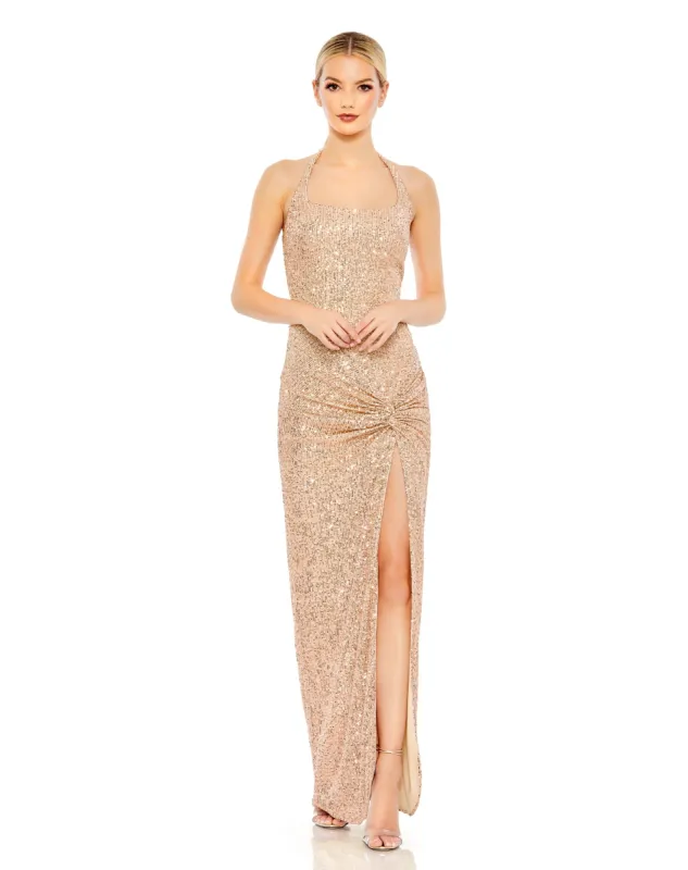 Gold Sequined Halter Strap Low Side Knot Gown sold by Mac Duggal