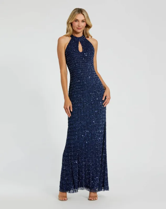 Navy Embellished Halter Neck Keyhole Gown sold by Mac Duggal