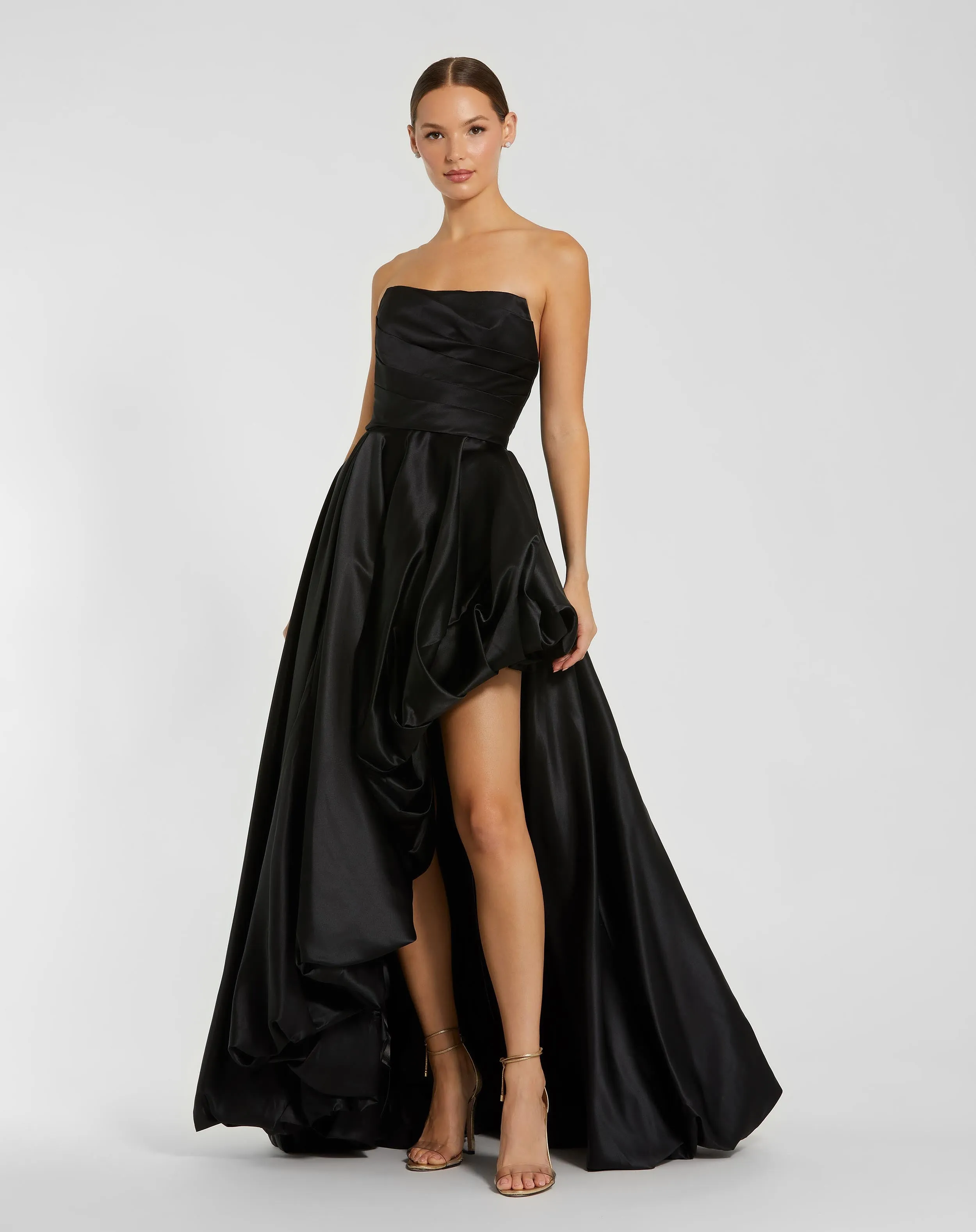 Black Strapless Ruched High Low Gown sold by Mac Duggal