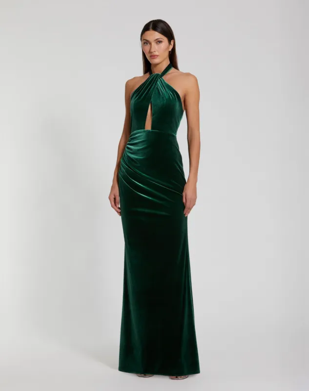 Green Twist Neck Open Front Velvet Draped Gown sold by Mac Duggal