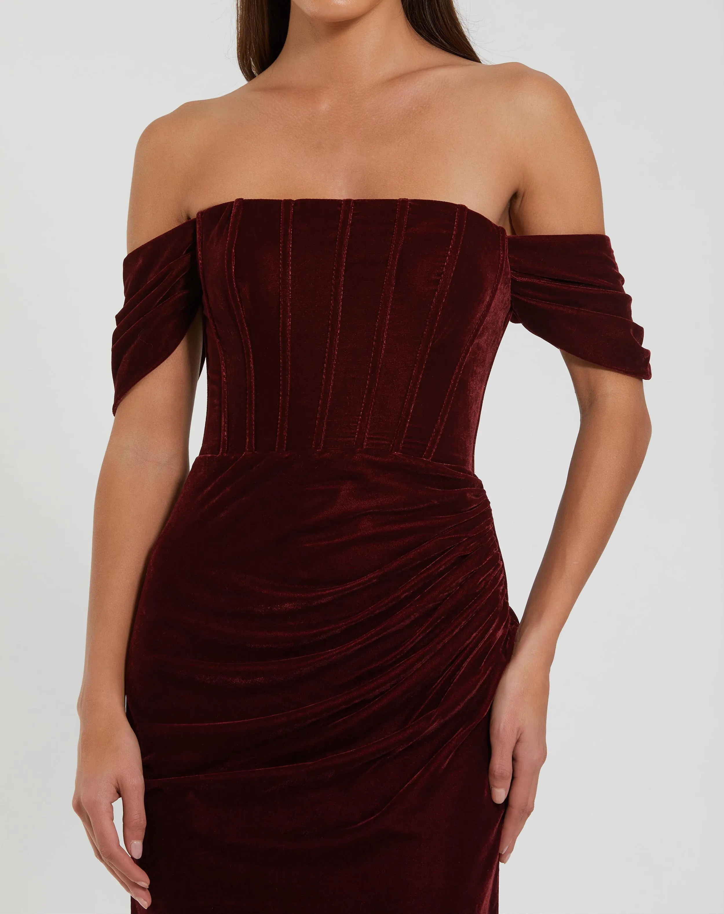 Red Off-the-Shoulder Velvet Bustier Gown sold by Mac Duggal product image thumbnail 2