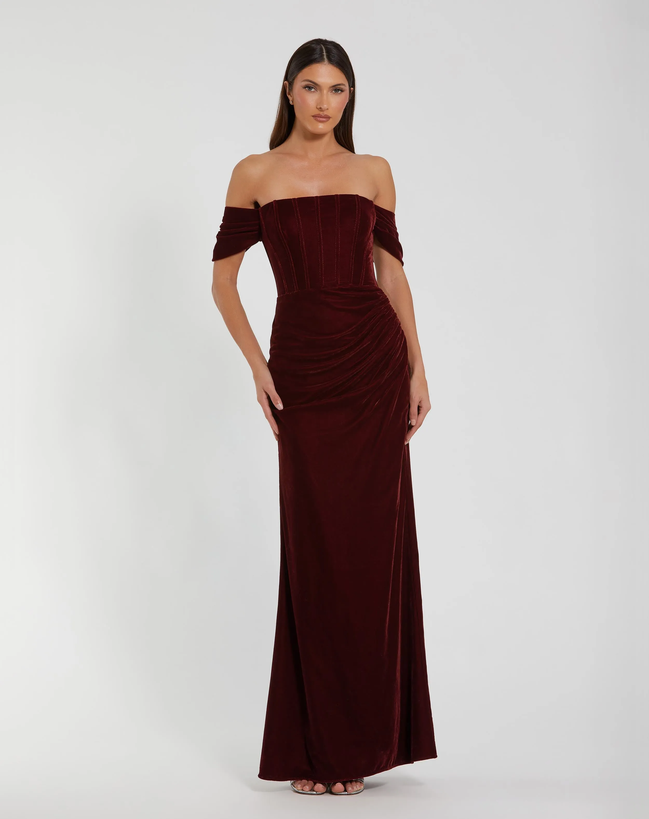 Red Off-the-Shoulder Velvet Bustier Gown sold by Mac Duggal