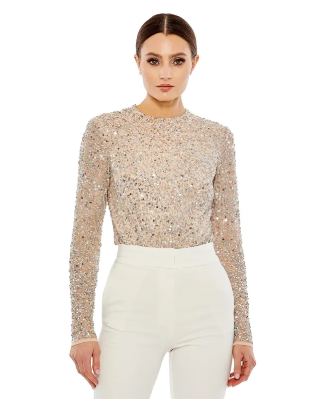 Long Sleeve Nude Silver Sequin Bodysuit w/ Sheer Sleeves sold by Mac Duggal
