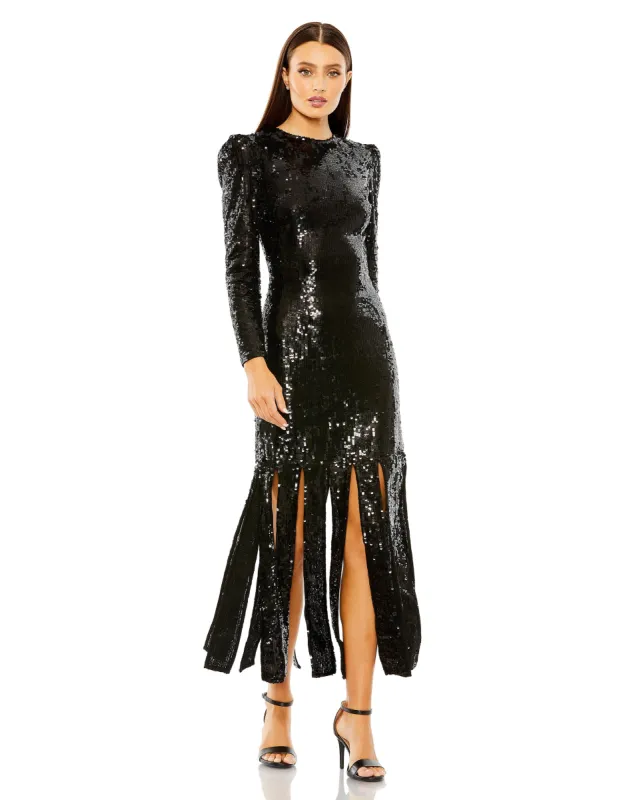 Black Long Sleeve High Neck Carwash Panel Dress sold by Mac Duggal