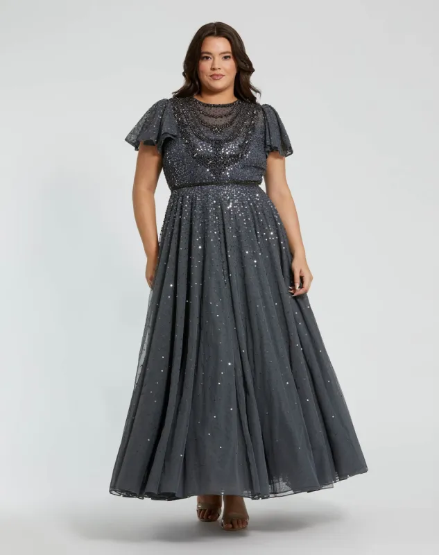 Gray Embellished Flutter Sleeve Evening Gown (Plus) sold by Mac Duggal