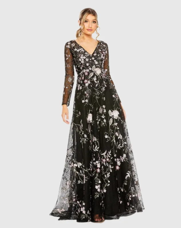 Black V-Neck Long Sleeve Embroidered A-Line Floral Gown sold by Mac Duggal