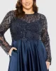 Navy Sheer Long Sleeve Beaded Top Satin Gown (Plus) sold by Mac Duggal