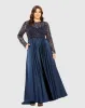 Navy Sheer Long Sleeve Beaded Top Satin Gown (Plus) sold by Mac Duggal