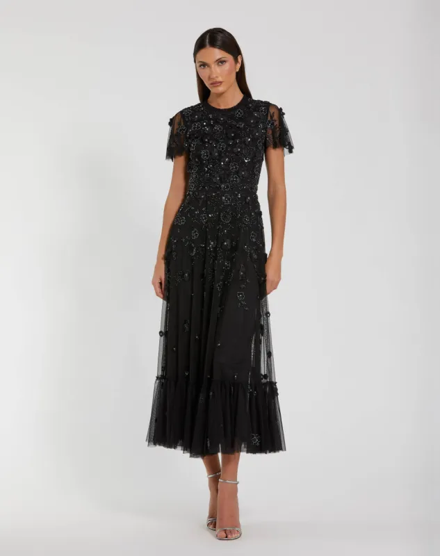 Black Embellished High Neck Flutter Sleeve A Line Dress sold by Mac Duggal