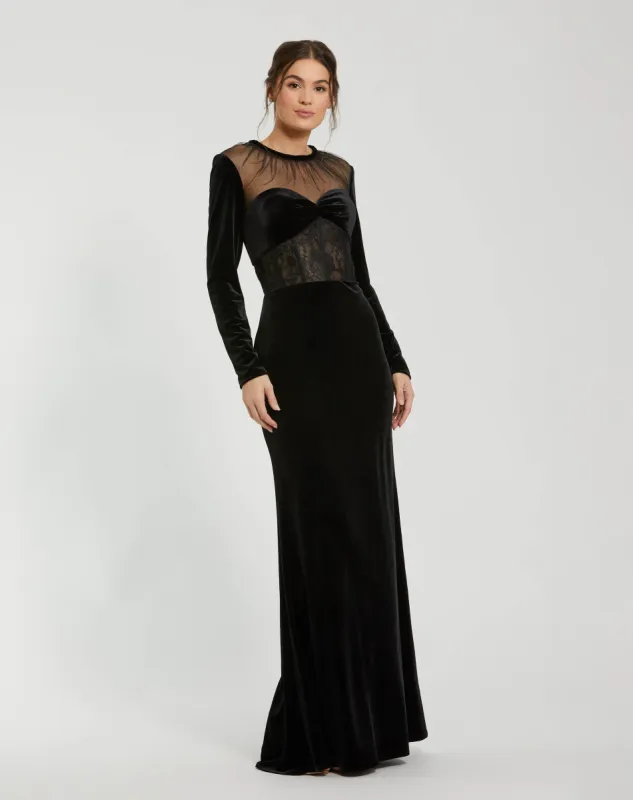 Black Long Sleeve Sheer Top Lace Bustier Gown sold by Mac Duggal