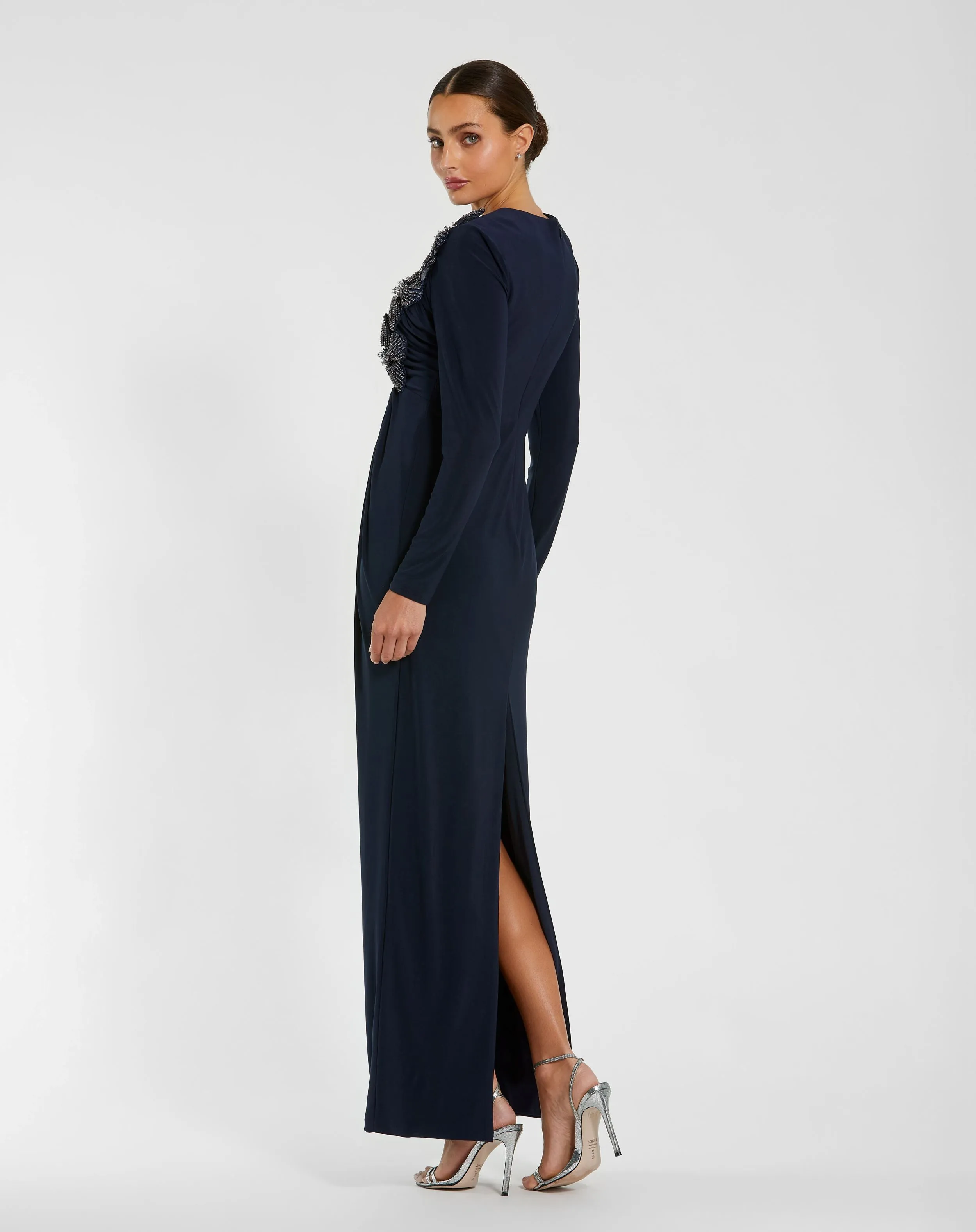 Navy Jersey Long Sleeve Fitted Gown With 3D Flowers sold by Mac Duggal product image thumbnail 3