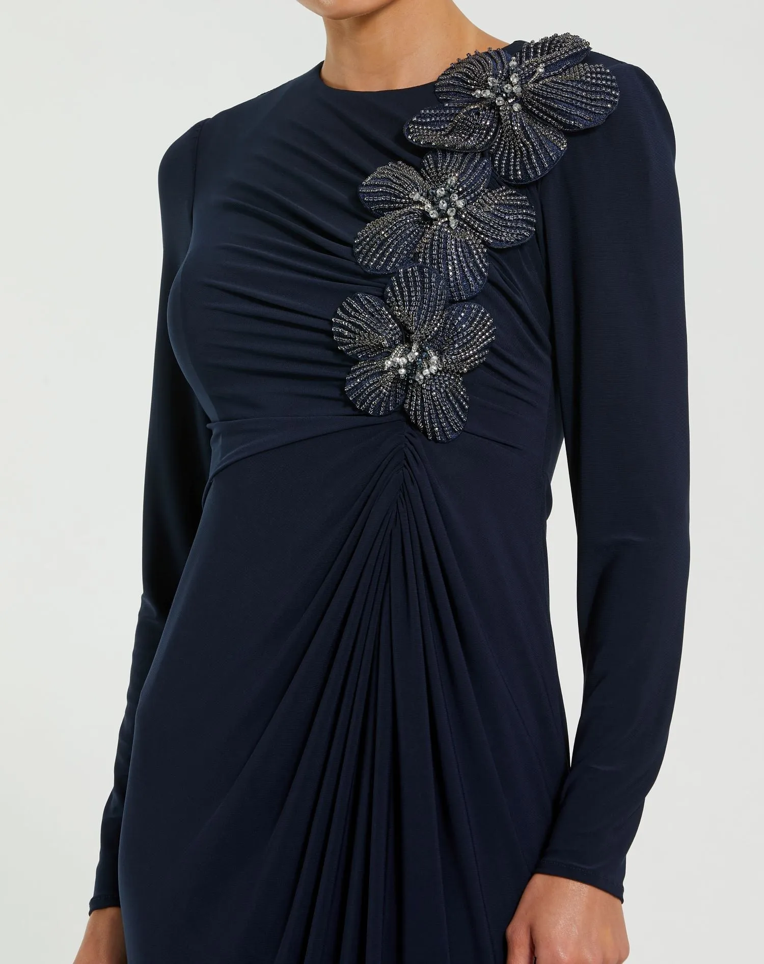 Navy Jersey Long Sleeve Fitted Gown With 3D Flowers sold by Mac Duggal product image thumbnail 2