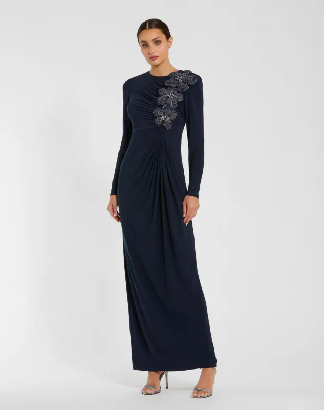 Navy Jersey Long Sleeve Fitted Gown With 3D Flowers sold by Mac Duggal