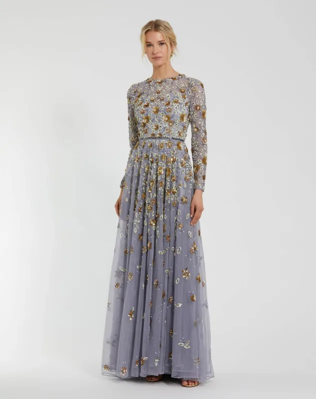 Platinum Embellished High Neck Long Sleeve A Line Gown sold by Mac Duggal