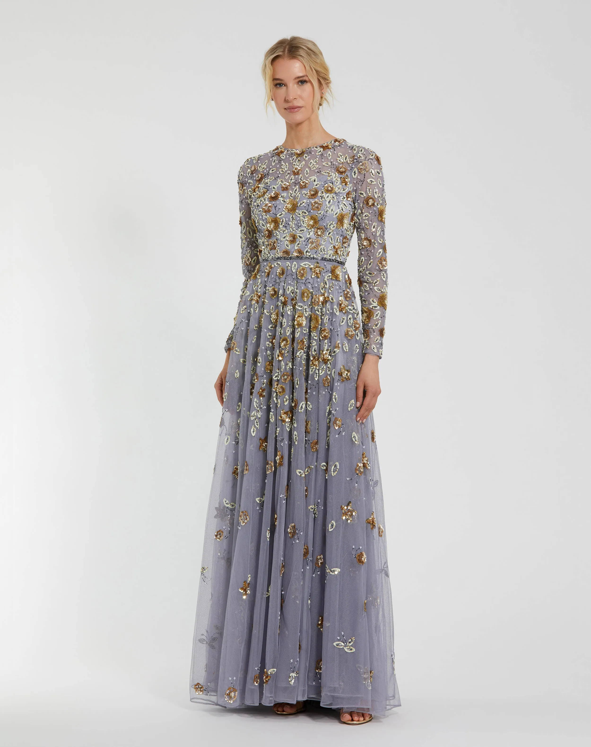 Platinum Embellished High Neck Long Sleeve A Line Gown sold by Mac Duggal