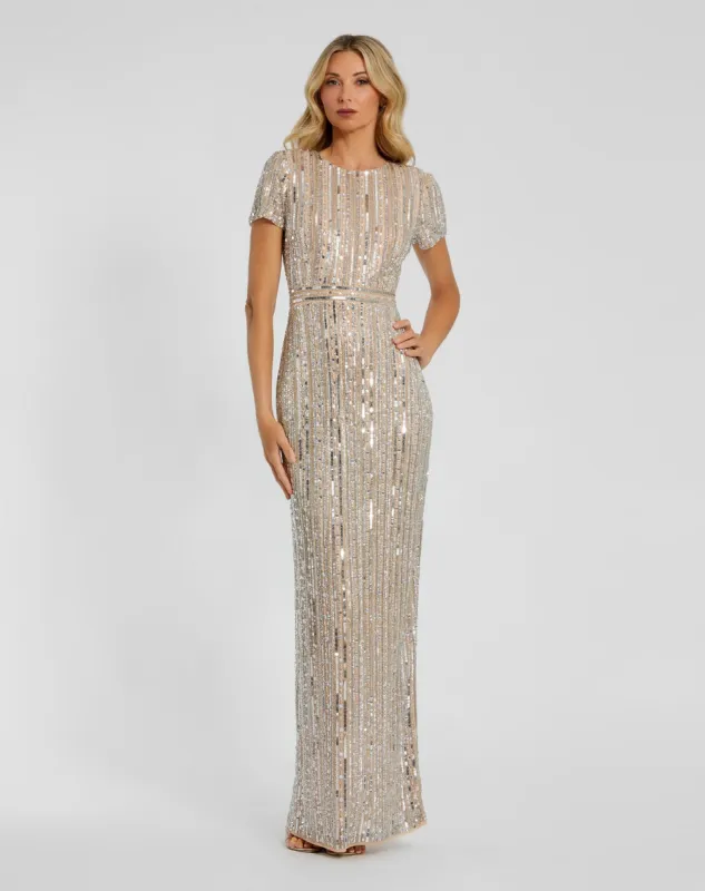 Beige and Silver High Neck Short Sleeve Embellished Gown sold by Mac Duggal