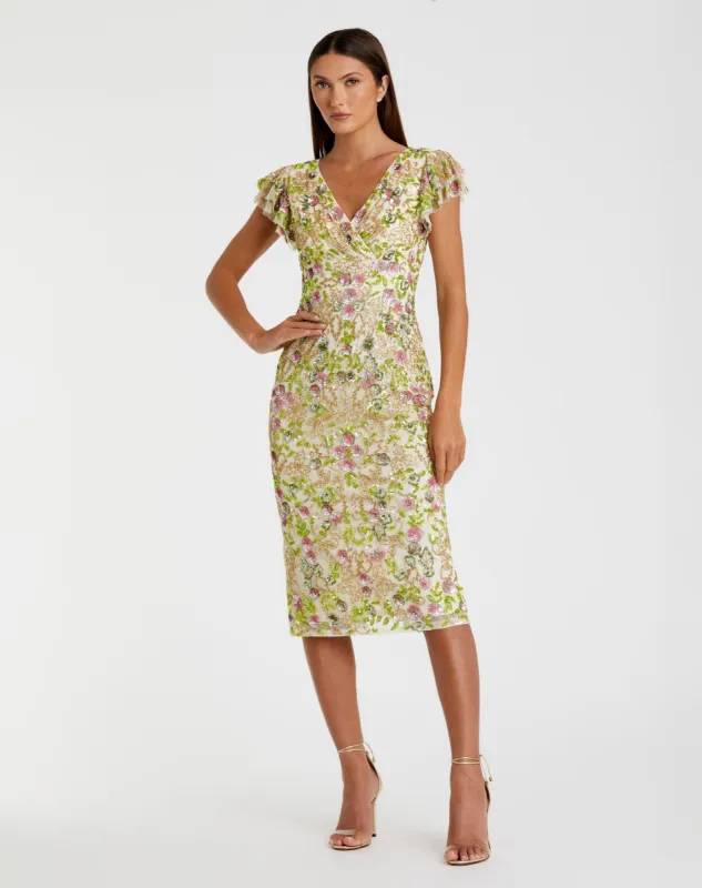 Beige Floral Embellished Flutter Cap Sleeve Dress sold by Mac Duggal