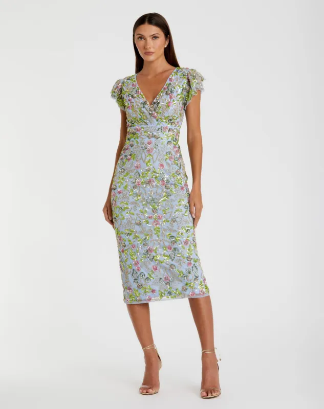 Blue Floral Sequin Embellished Flutter Cap Sleeve Dress sold by Mac Duggal