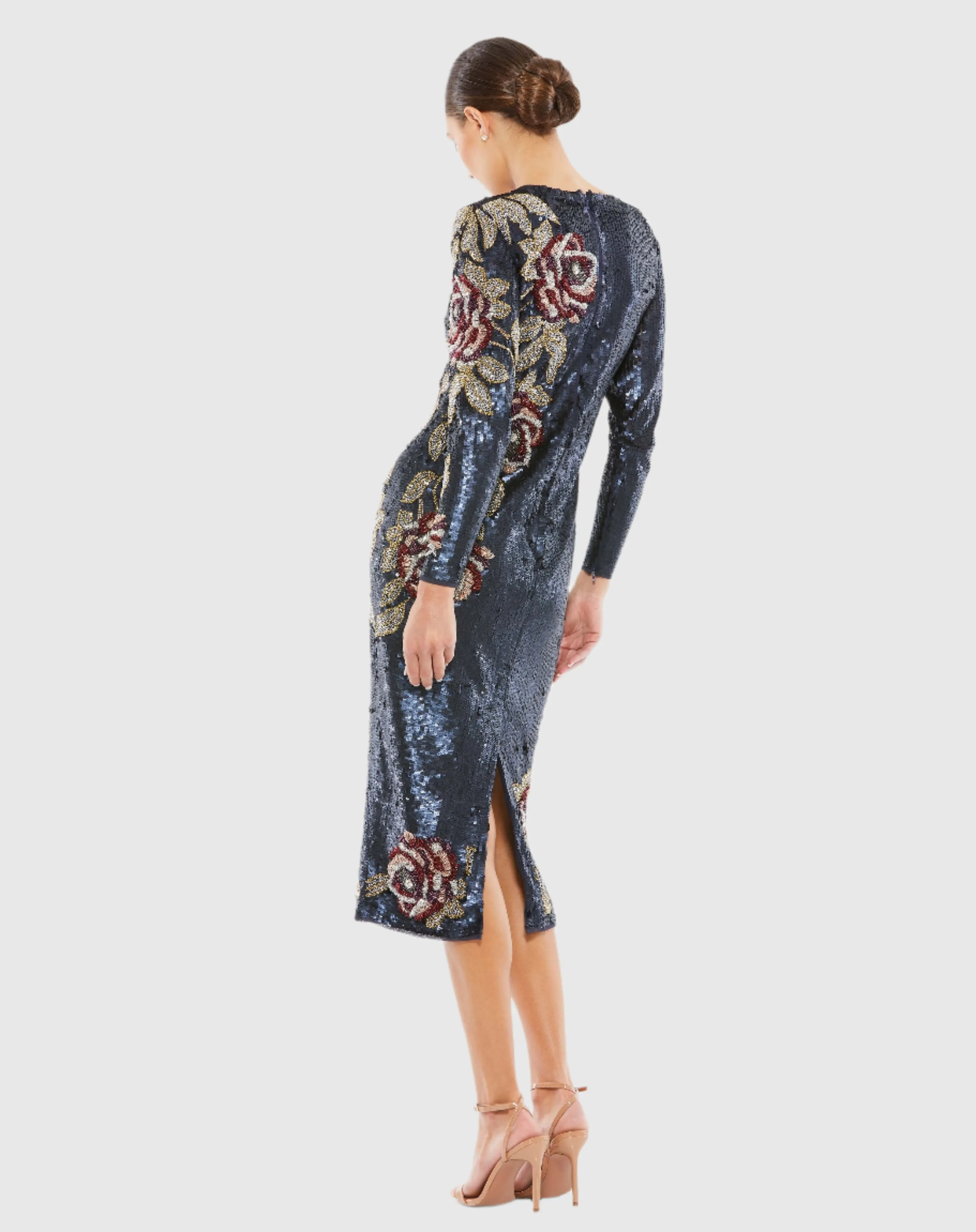 Navy Sequined Asymmetrical Floral Long Sleeve Midi Dress sold by Mac Duggal product image thumbnail 3