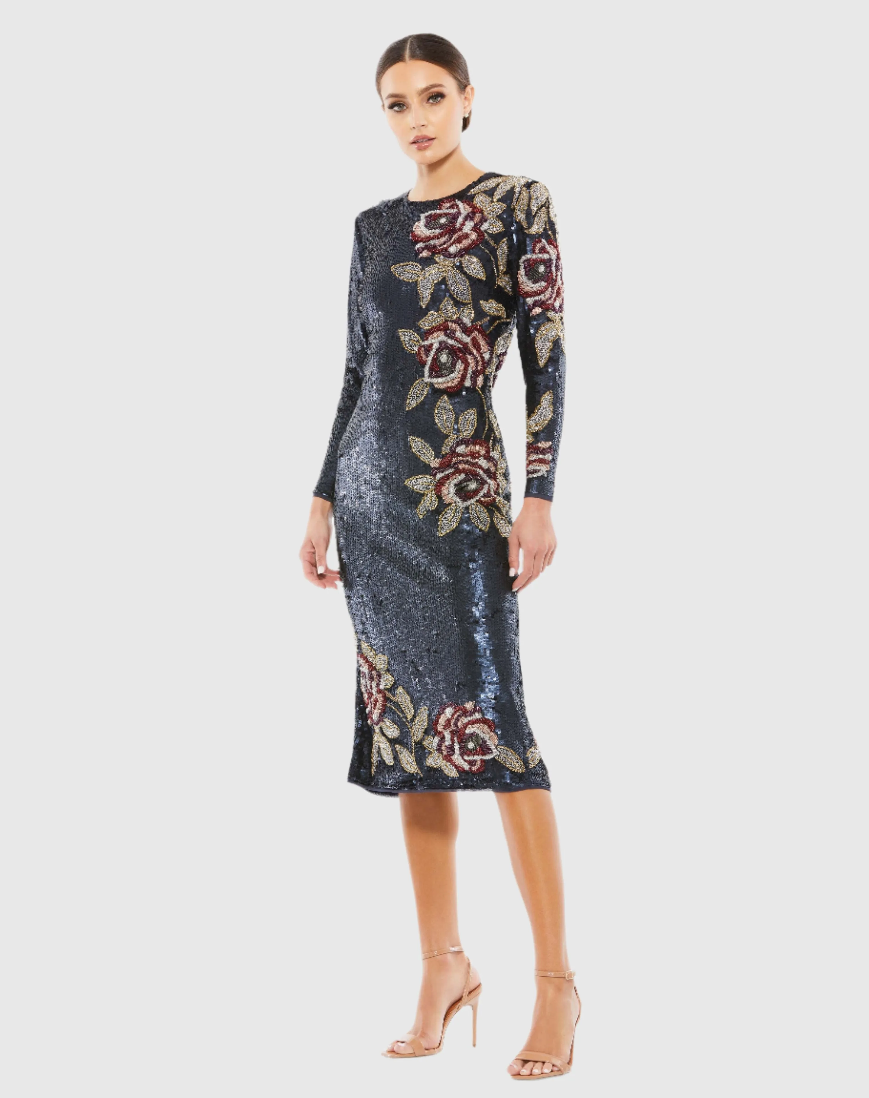 Navy Sequined Asymmetrical Floral Long Sleeve Midi Dress sold by Mac Duggal
