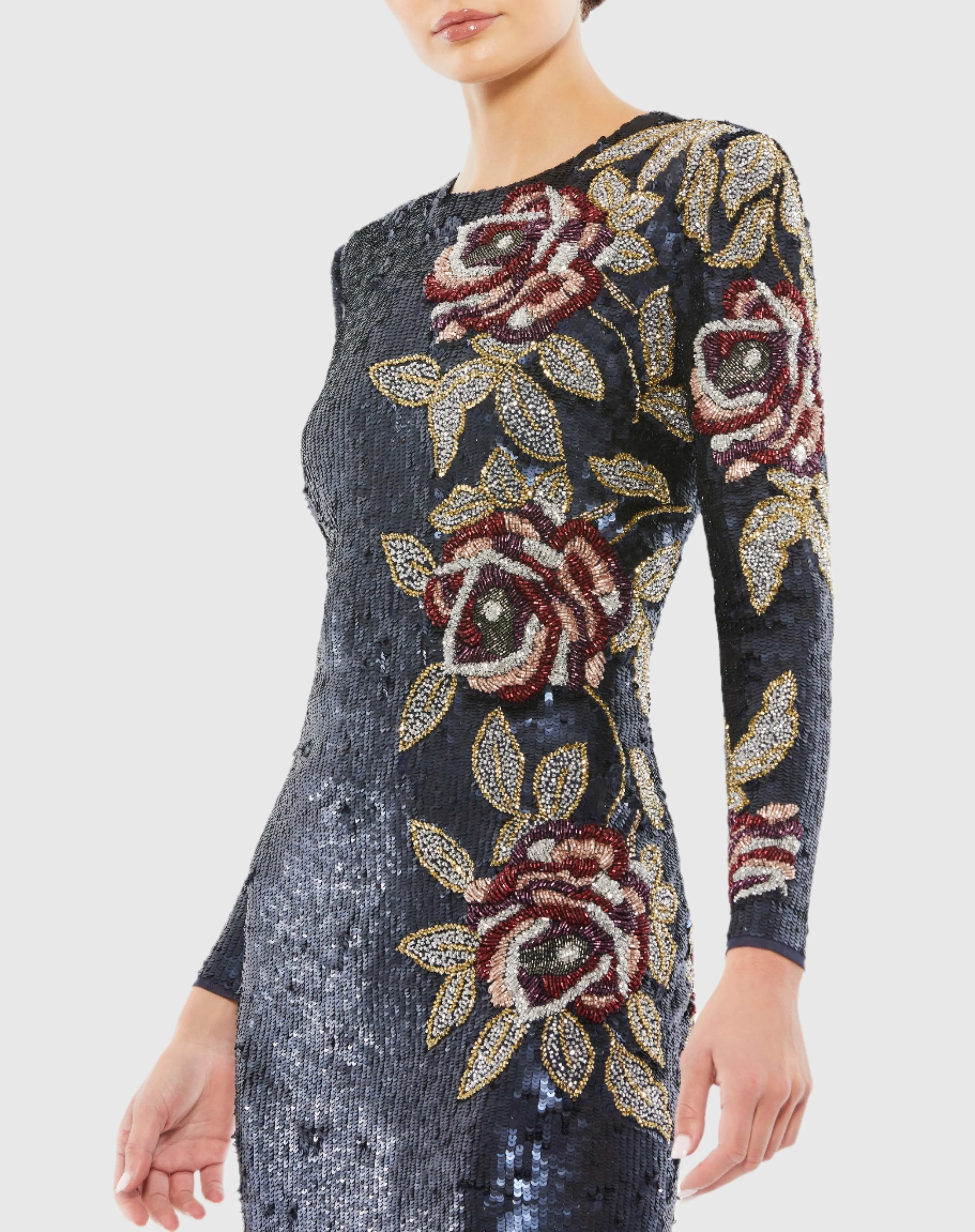 Navy Sequined Asymmetrical Floral Long Sleeve Midi Dress sold by Mac Duggal product image thumbnail 2