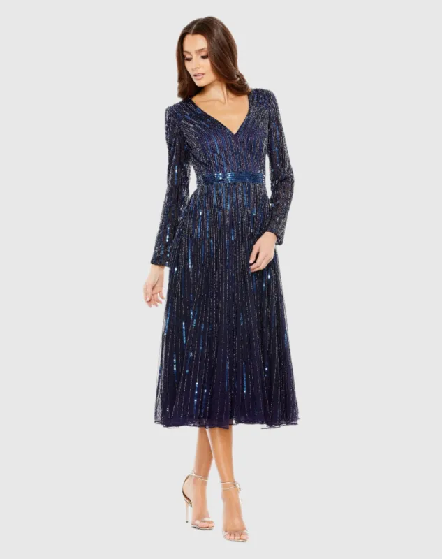 Navy Long Sleeve Tea Length Dress sold by Mac Duggal