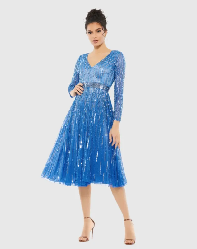 Blue Long Sleeve Tea Length Dress sold by Mac Duggal