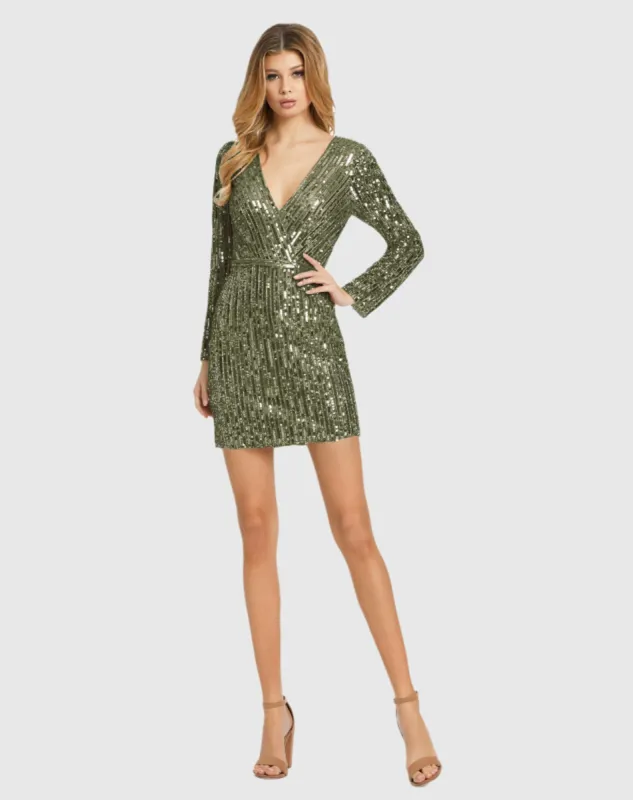 Green Long Sleeve Sequined Mini Dress sold by Mac Duggal