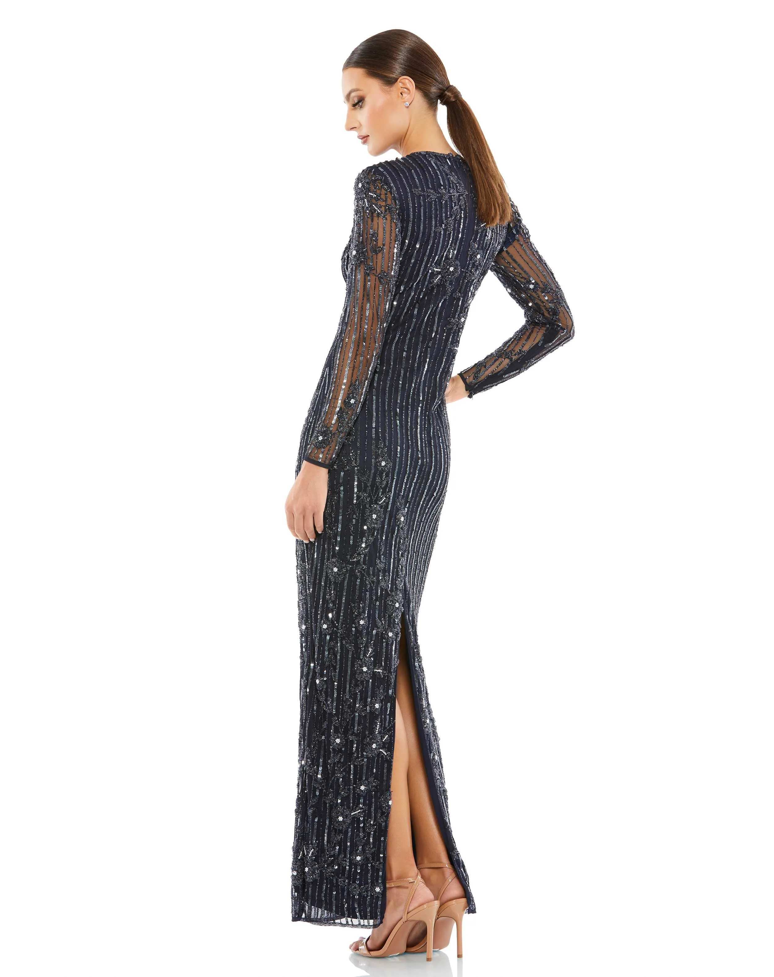 Navy Embellished High Neck Illusion Long Sleeve Gown sold by Mac Duggal product image thumbnail 3