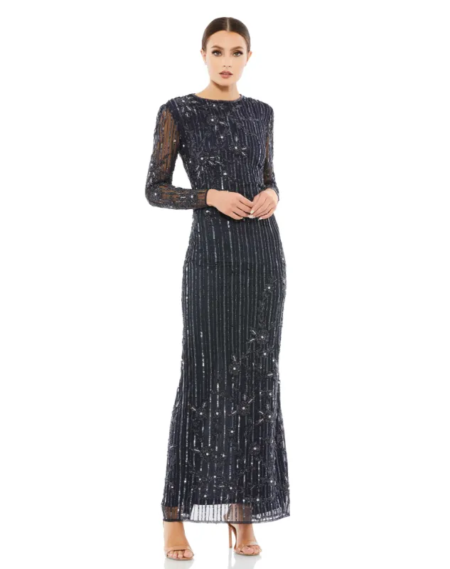 Navy Embellished High Neck Illusion Long Sleeve Gown sold by Mac Duggal