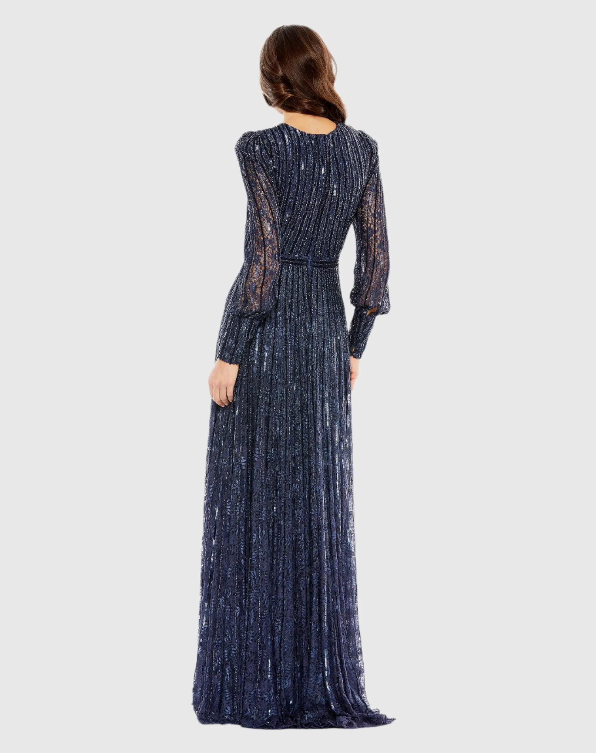 Navy Beaded Lace Long Sleeve Wrap Over Gown sold by Mac Duggal product image thumbnail 3