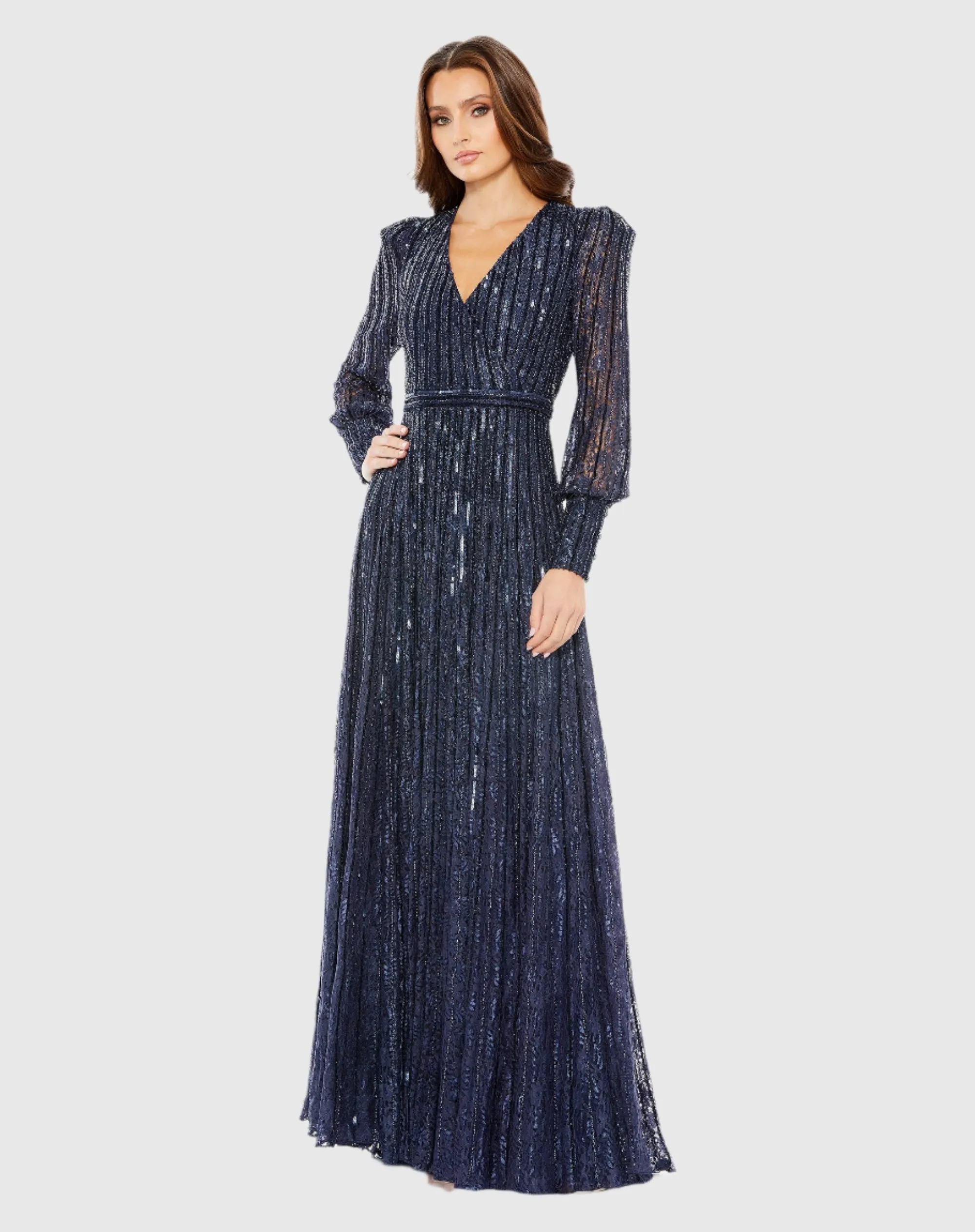 Navy Beaded Lace Long Sleeve Wrap Over Gown sold by Mac Duggal
