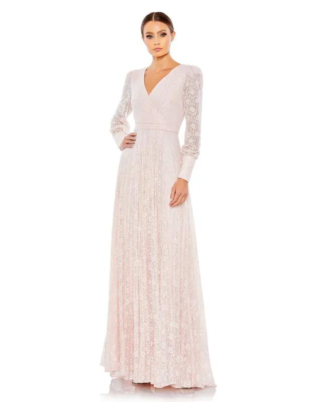 Pink Beaded Lace Long Sleeve Wrap Over Gown sold by Mac Duggal