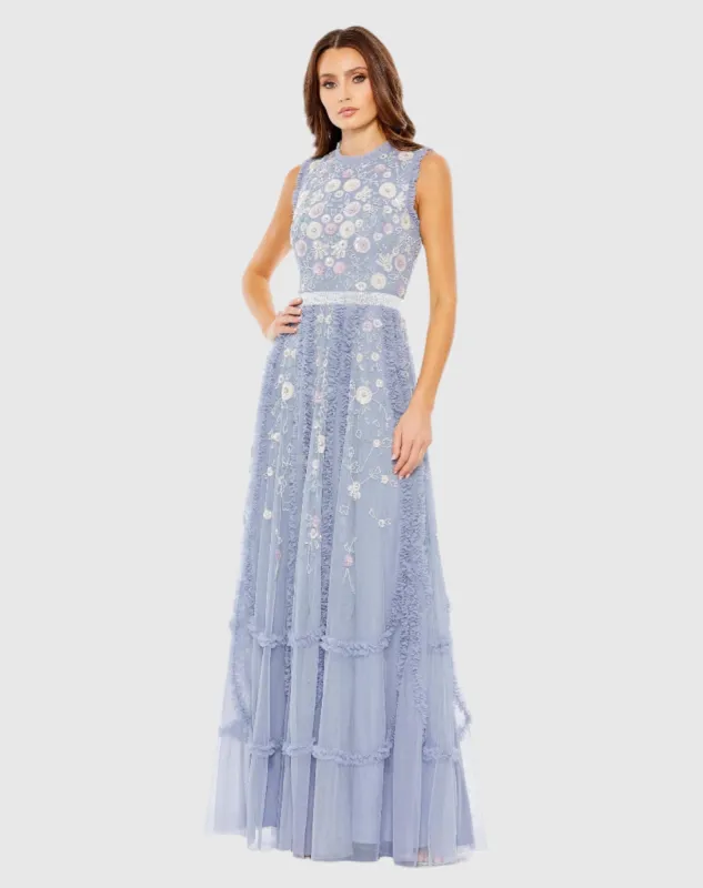 Blue Embroidered High Neck Sleeveless Ruffled Gown sold by Mac Duggal