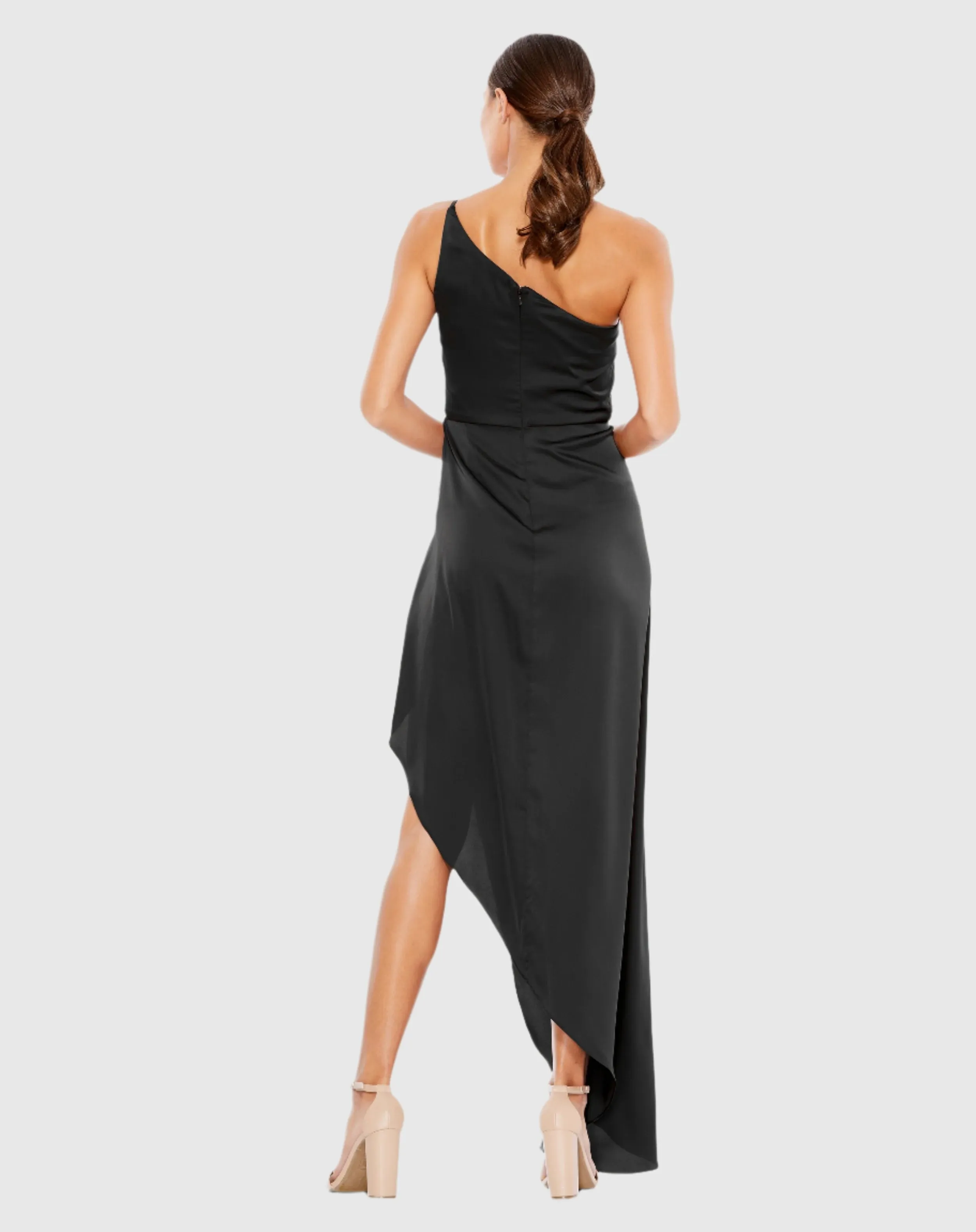 Black One Shoulder Hi-Low Draped Charmeuse Dress sold by Mac Duggal product image thumbnail 3