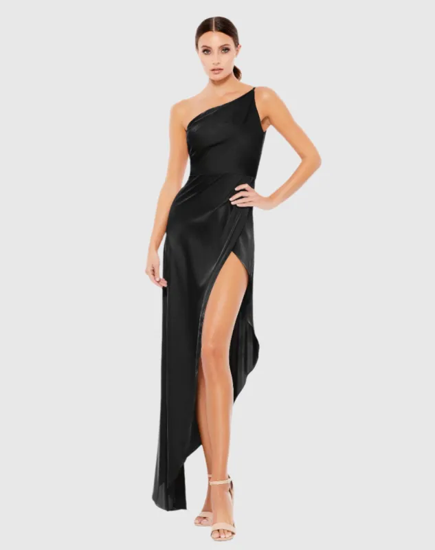 Black One Shoulder Hi-Low Draped Charmeuse Dress sold by Mac Duggal