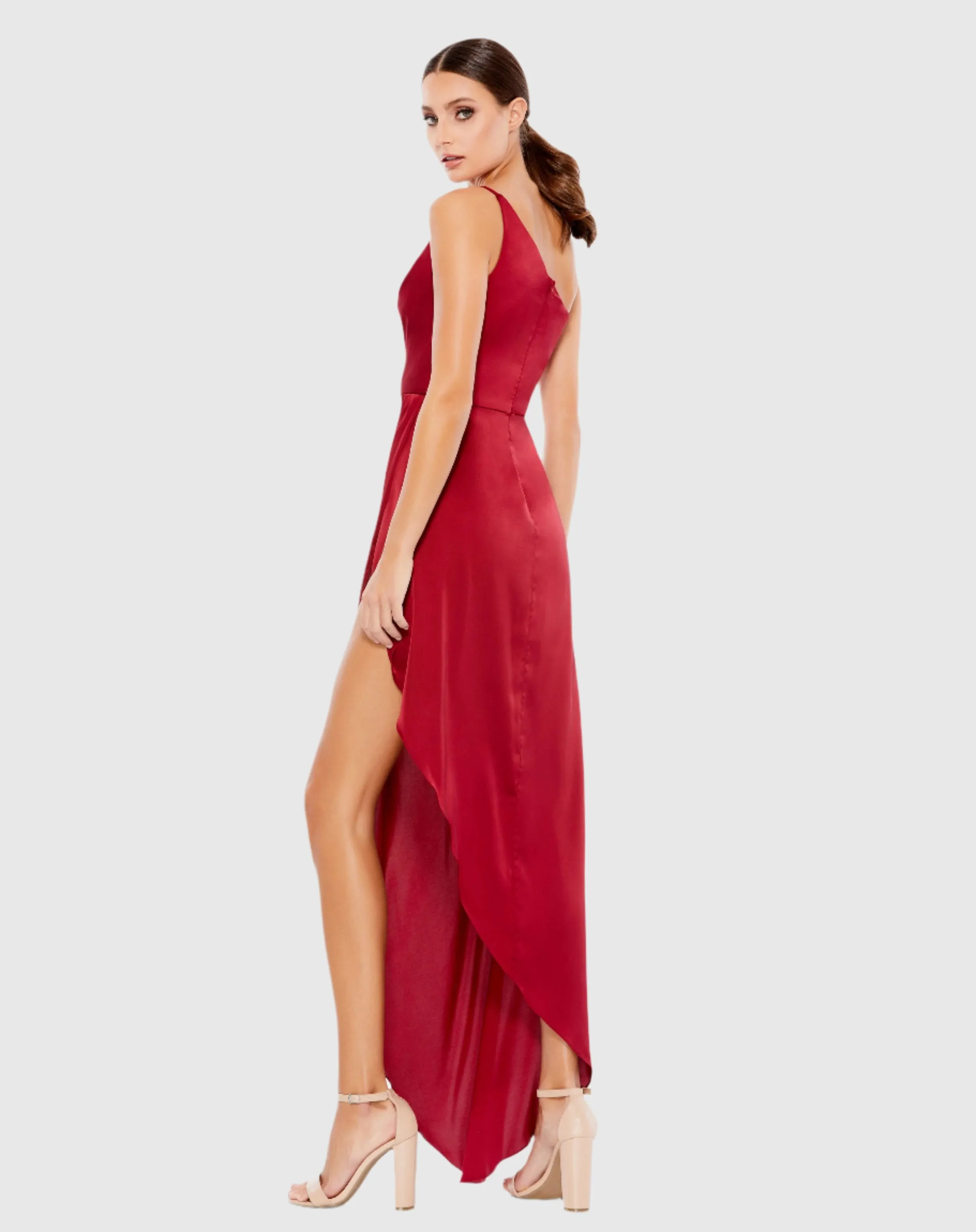 Red One Shoulder Hi-Low Draped Charmeuse Dress sold by Mac Duggal product image thumbnail 2