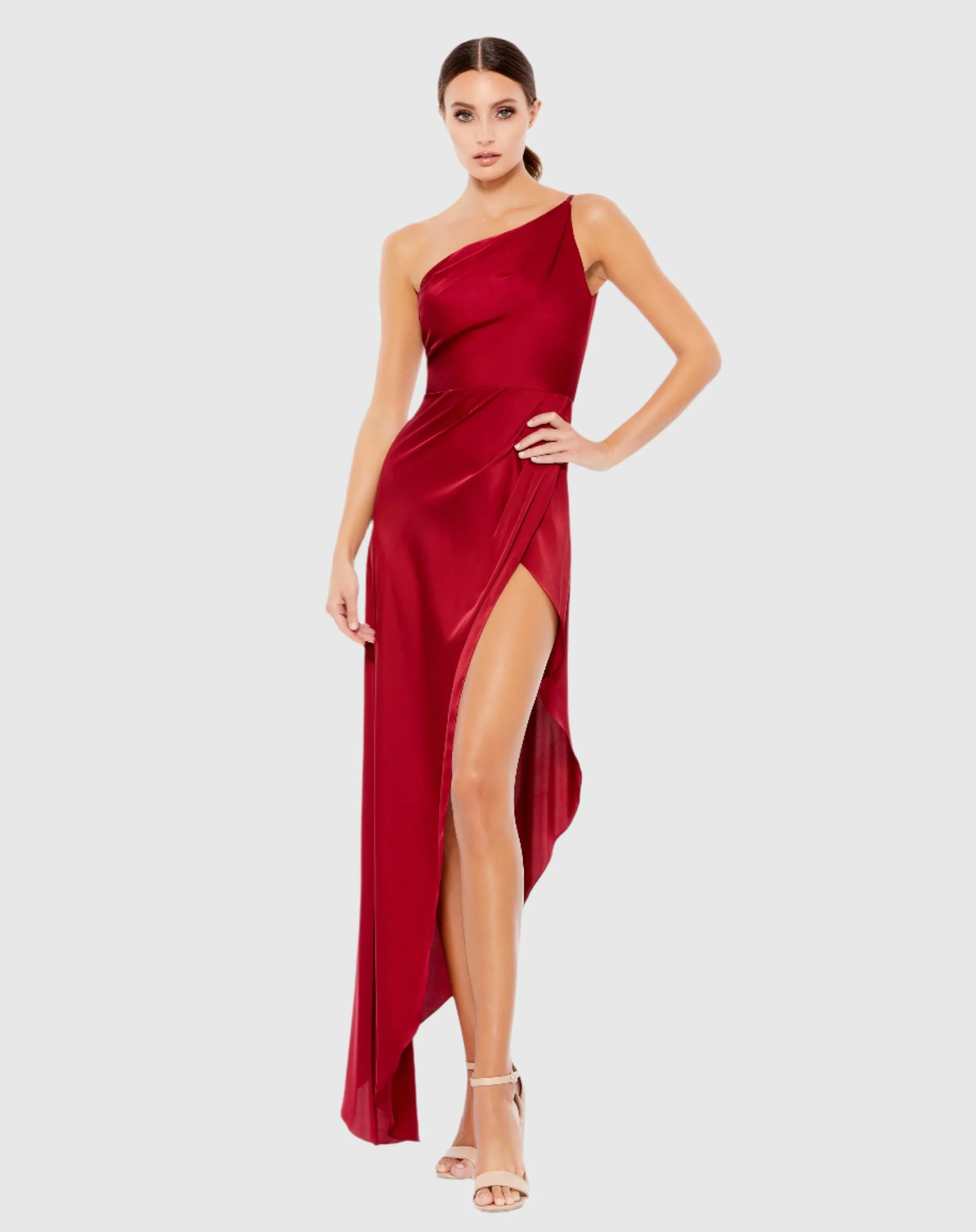 Red One Shoulder Hi-Low Draped Charmeuse Dress sold by Mac Duggal