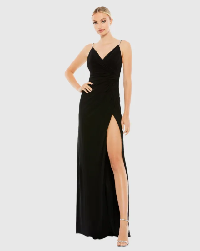 Black Faux Wrap V Neck Open Back Gown sold by Mac Duggal