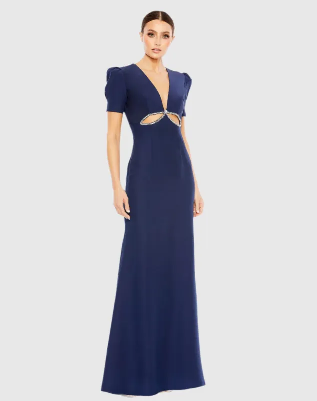 Navy Plunge Neck Puff Sleeve Cut Out Gown made by Mac Duggal
