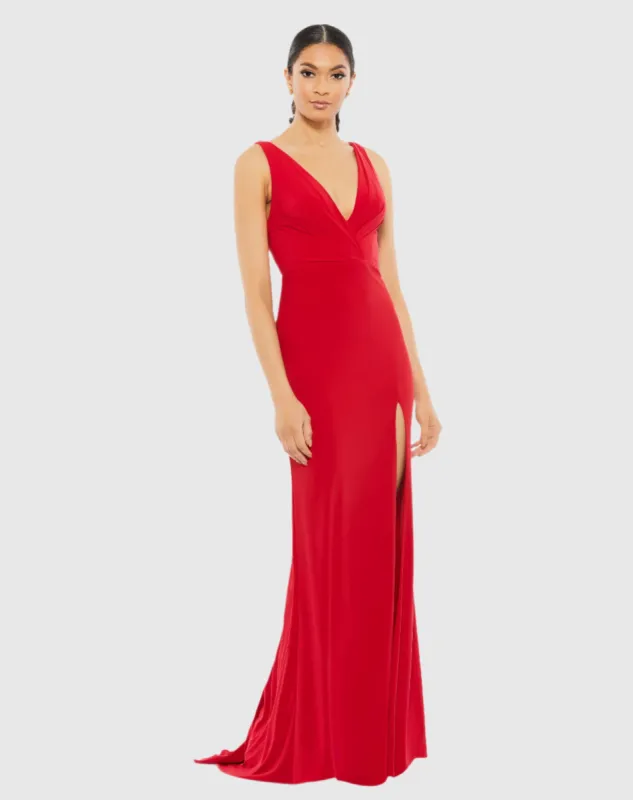 Red Sleeveless V Neck Jersey Gown sold by Mac Duggal