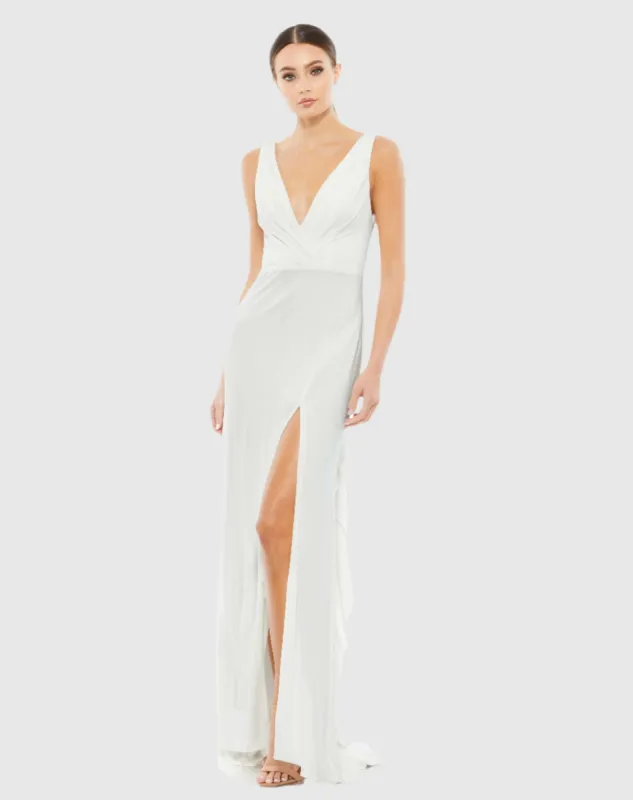 White Sleeveless V Neck Jersey Gown sold by Mac Duggal