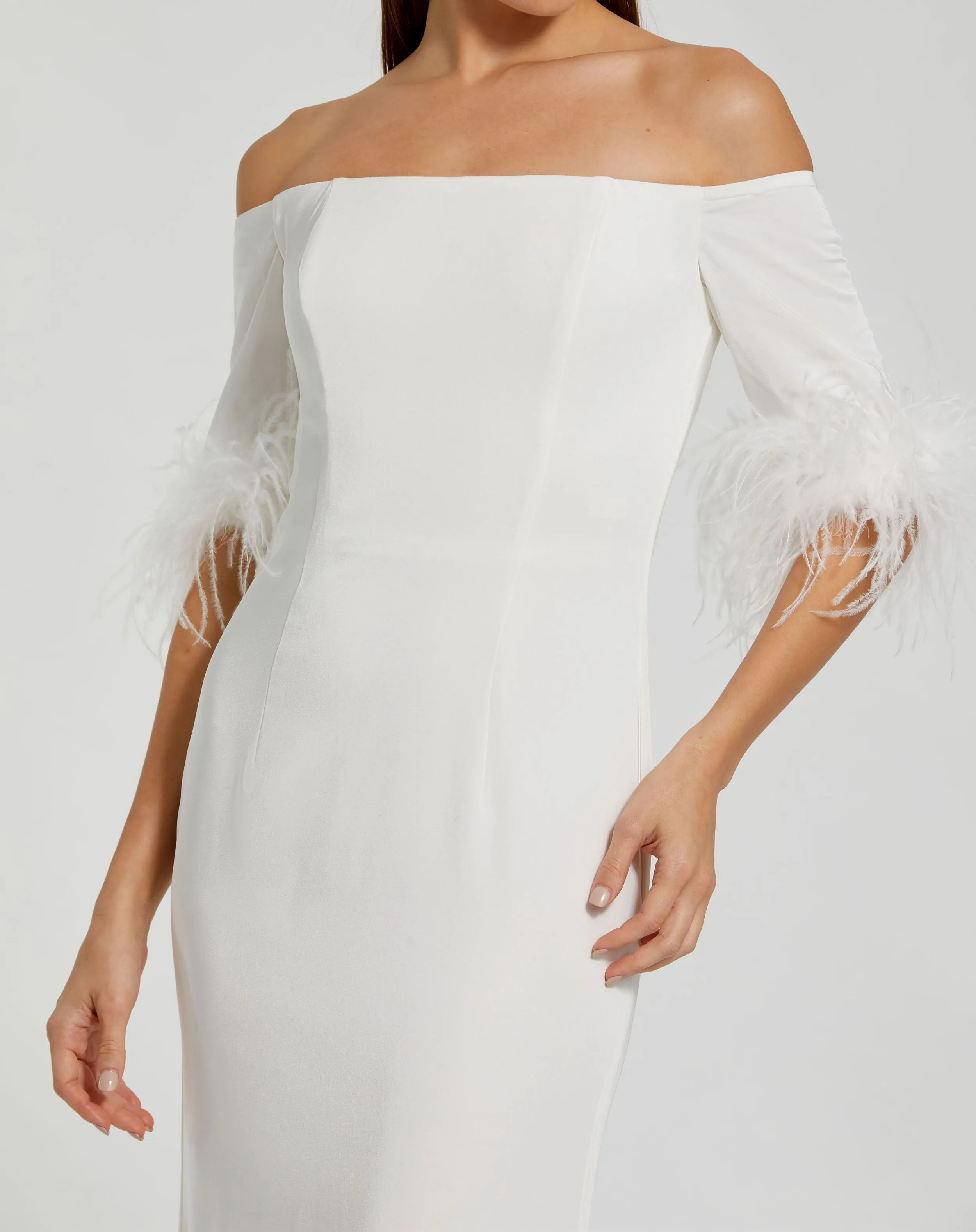 White Feather Trim Off The Shoulder Column Gown sold by Mac Duggal product image thumbnail 2