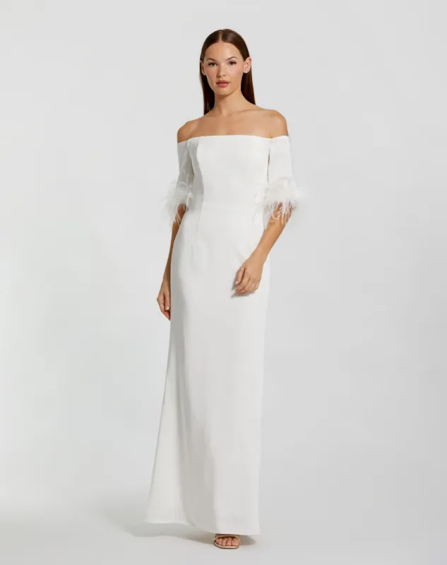 White Feather Trim Off The Shoulder Column Gown sold by Mac Duggal