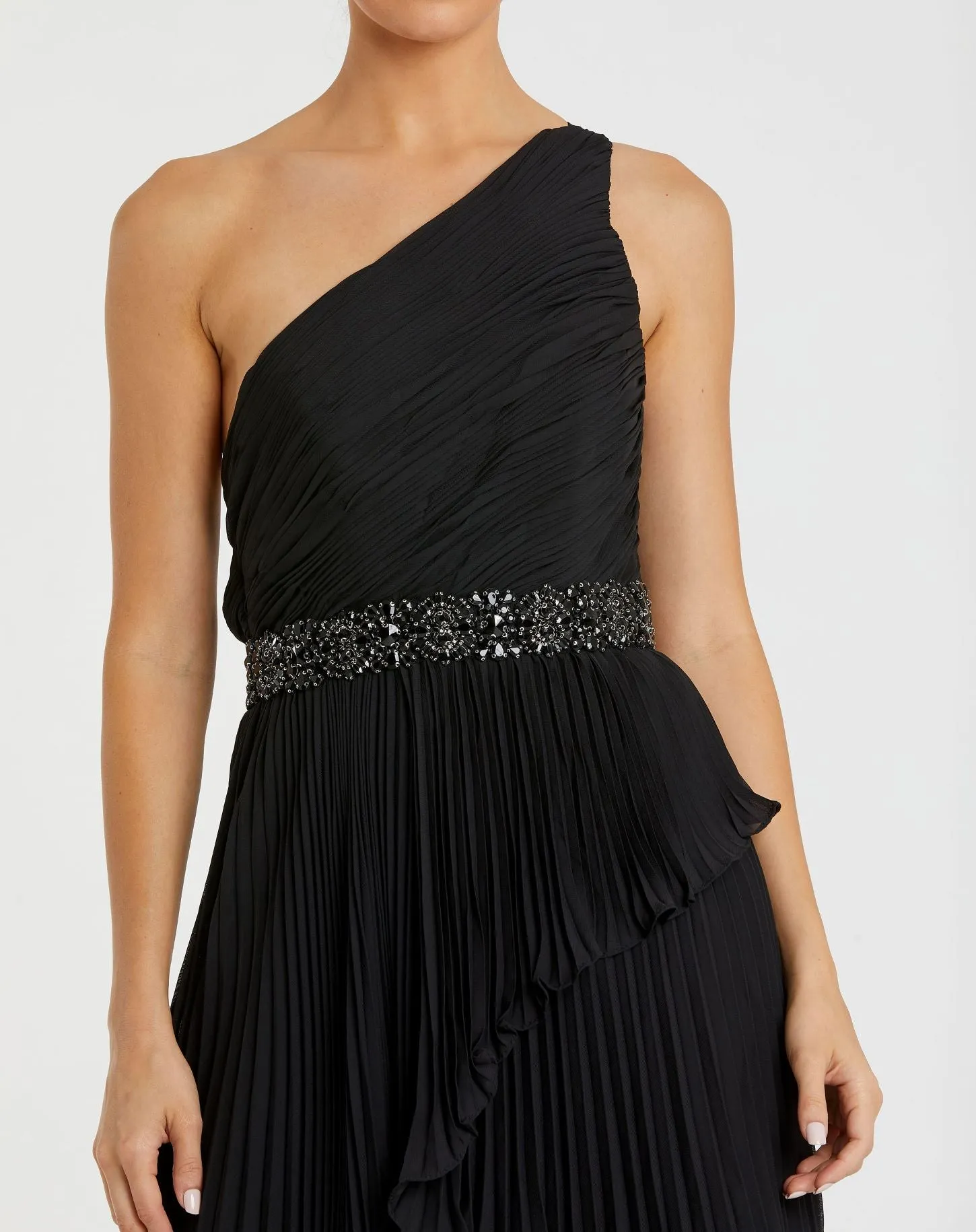 Black Pleated One Shoulder Asymmetrical Ruffle Hem Gown sold by Mac Duggal product image thumbnail 2