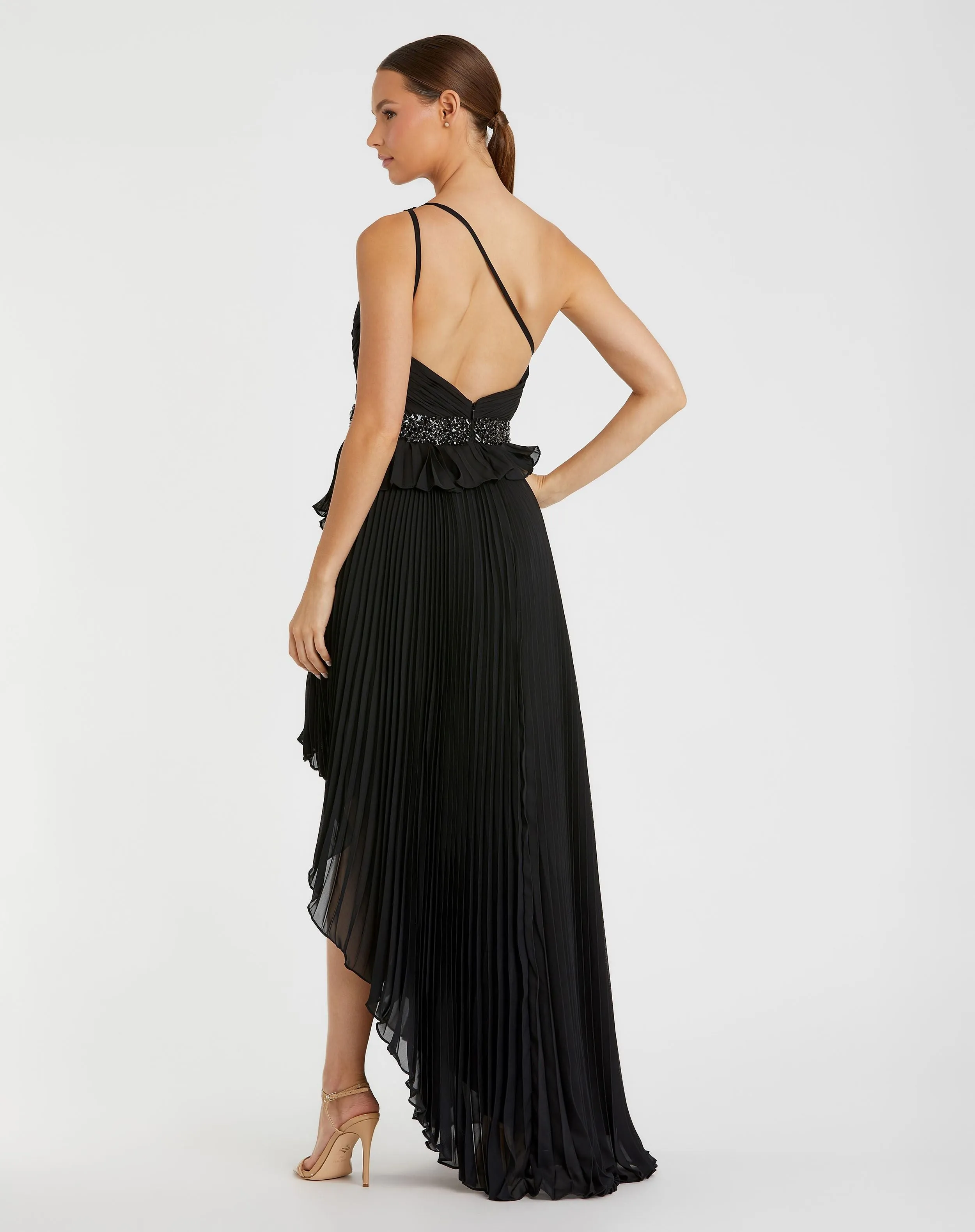 Black Pleated One Shoulder Asymmetrical Ruffle Hem Gown sold by Mac Duggal product image thumbnail 3