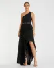 Black Pleated One Shoulder Asymmetrical Ruffle Hem Gown sold by Mac Duggal
