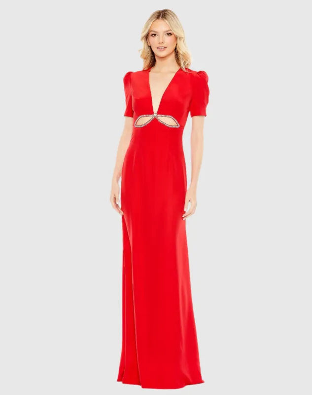 Red Plunge Neck Puff Sleeve Cut Out Gown sold by Mac Duggal